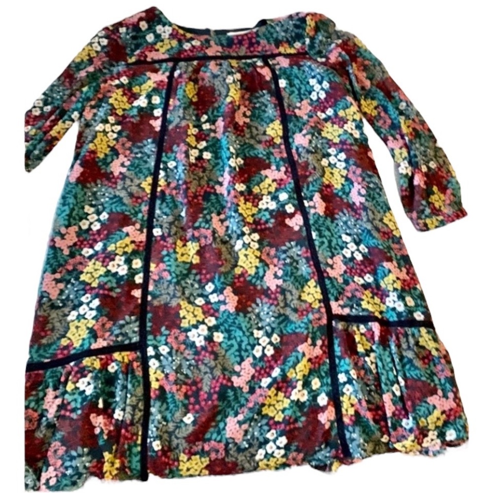 LOFT floral dress with sheer 3/4 sleeves and black lace trim. S